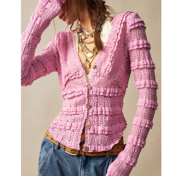 Boho Fitted Button Down Frill Ruffle Detail Long Sleeve top - Picture 3 of 11